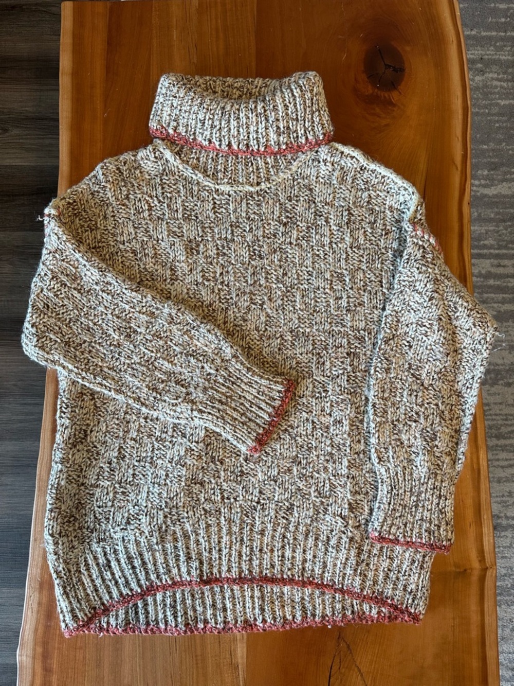 Free People Textured Knit Turtleneck Sweater in Marled Cream with Rust Trim